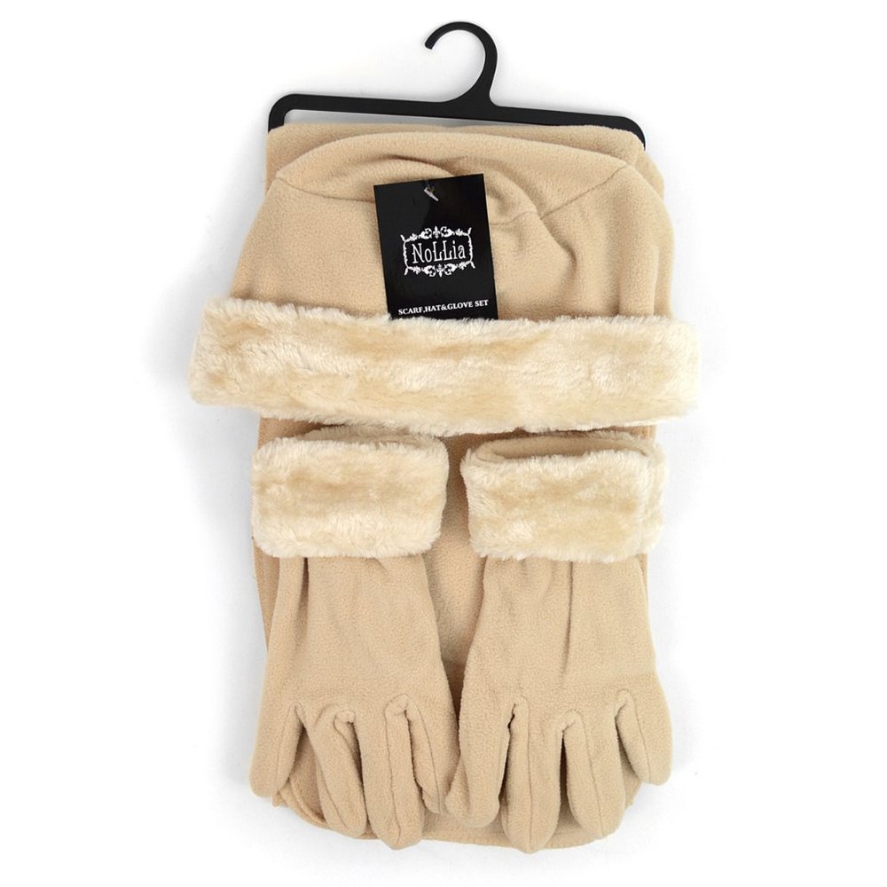 Womens BEIGE Winter FLEECE & FAUX FUR Hat Scarf Gloves